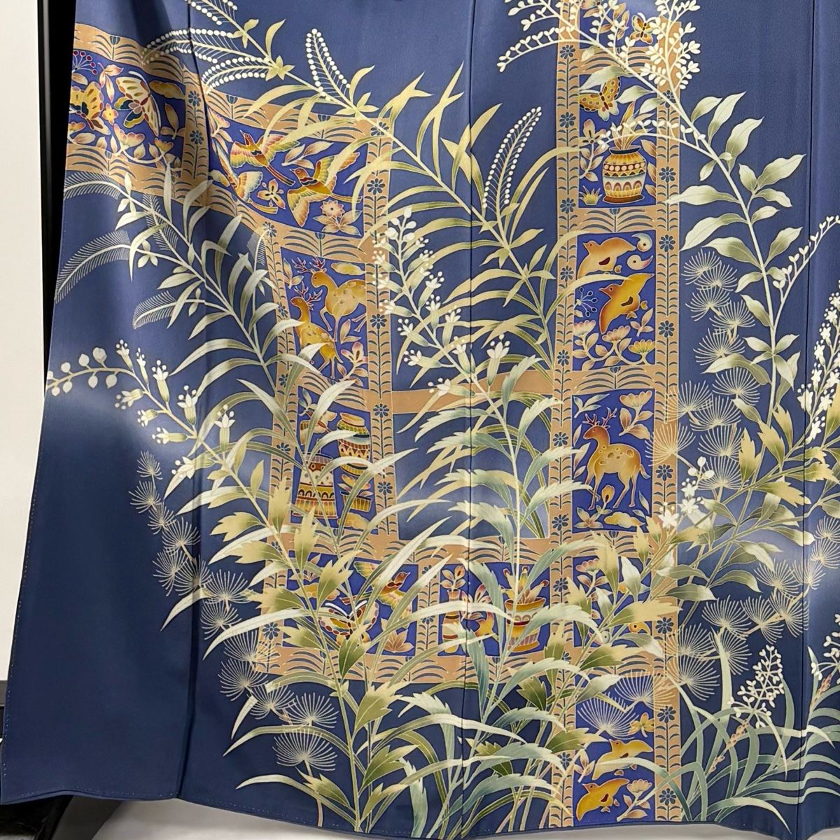 訪問着 身丈166cm 裄丈68cm L 袷 落款 鳥 鹿 ぼかし 青灰色 正絹 秀品