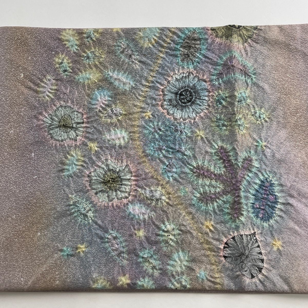 袋帯 美品 名品 落款 辻が花 銀糸 紫 お太鼓柄 正絹 【中古