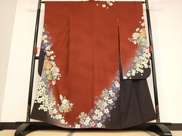 平和屋着物●豪華振袖 駒刺繍 舞花文 暈し染め 金彩 正絹 AABB0117zg