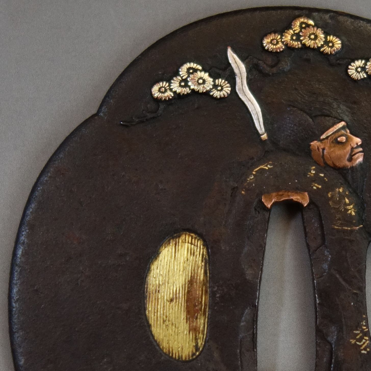 鍔 鉄地 象嵌 盗跖孔子問答図鍔 日本刀 刀装具 鐔 骨董 古美術 Ac25090701