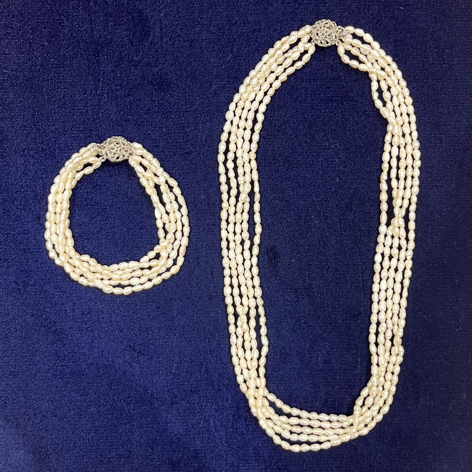 淡水パール風 ネックレス ブレスレット 5連 シルバー刻印金具 計2点