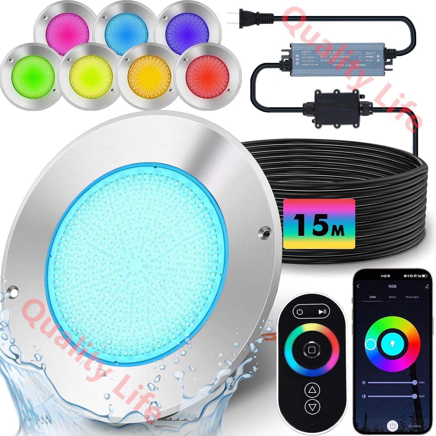 LEDプールライト 12v 35w 水中プール 多色 防水IP68 リモコン|アプリ制御 15mコード|変圧器付き 316Lステンレス鋼 PSE認証济