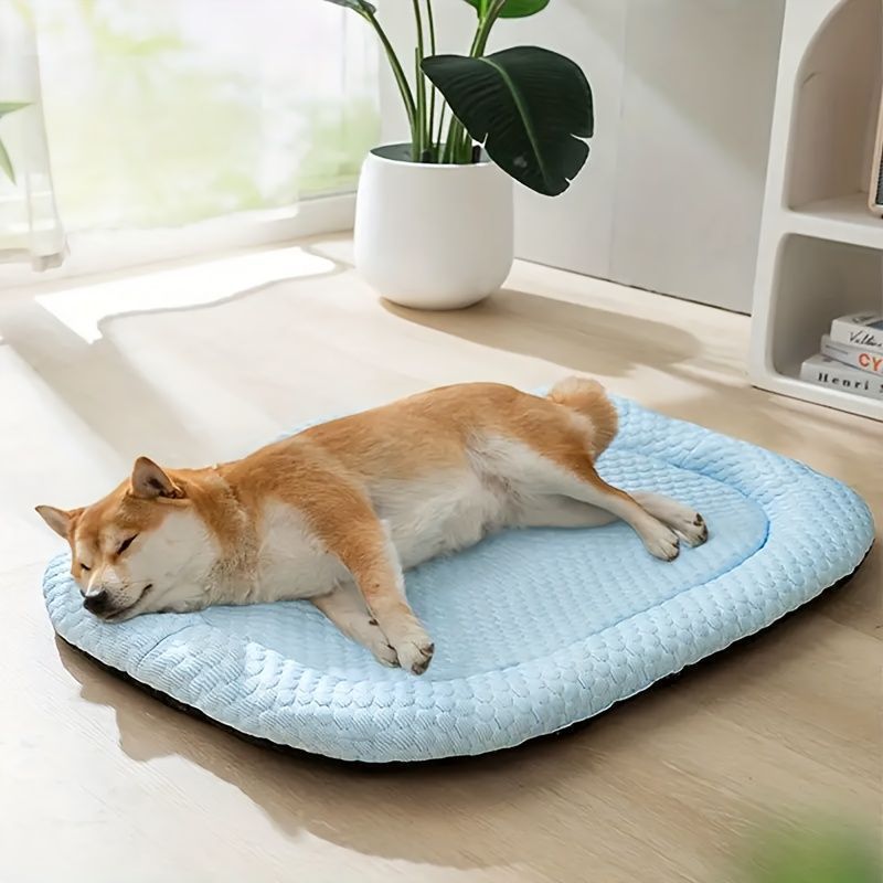 犬用ライトブルー洗える夏の冷却マット - 外出時のペット用クールビーンパッド 車用ペット冷却パッド 通気性と快適さ 放熱換気機能付き