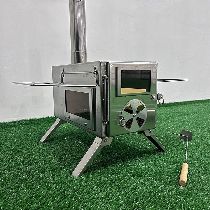 薪 ストーブ アウトドア 調理器具 暖炉 キャンプ 折りたたみ テント 煙突付き 3面の耐熱ガラス窓 組立式 焚き火台 シルバー ステンレス製