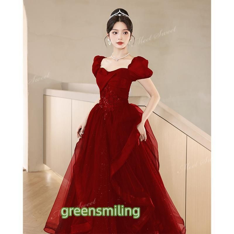 カラードレス ブラック ワインレッド パフスリーブ 前撮り 二次会 ウェディングドレス ウエディングドレスドレス 演奏会 結婚式 音楽会 発