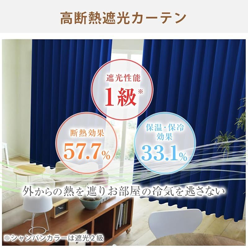 カーテンくれない 1級 遮光カーテン K-wave-D-plain 防炎 ラベル付 40色×140サイズ 2枚組 節電対策に 保温 保冷 断熱 遮熱 ネイビー 幅100×丈185cm