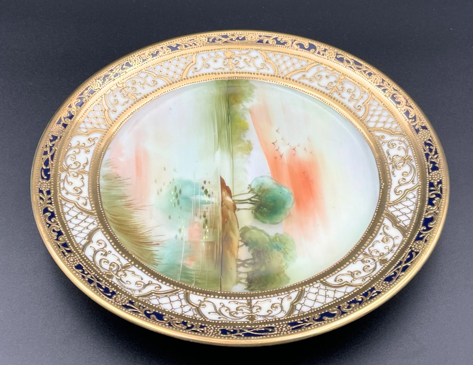 オールドノリタケ 風景画 アラビアンナイト 夕焼け 湖、椰子の木と船