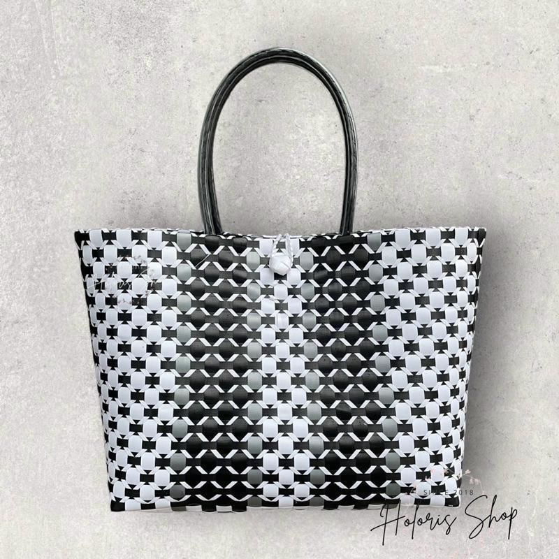 人気商品　プラかご V2  ハンドメイド PPバンド エコバッグ ターコイズ 受注製作プラカゴ miniワイドサイズ miniW-1002 ベージュ*グレー