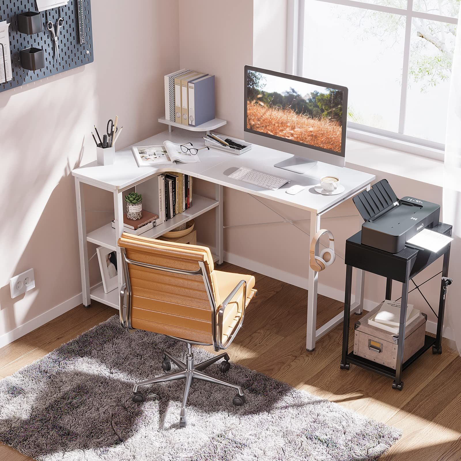 パソコンデスク L字 ゲーミングデスク 幅110 L字デスク pcデスク desk 机 ODK ラック付き 収納 オフィスデスク 在宅勤務 組立簡単 書斎 ホワイト 左棚