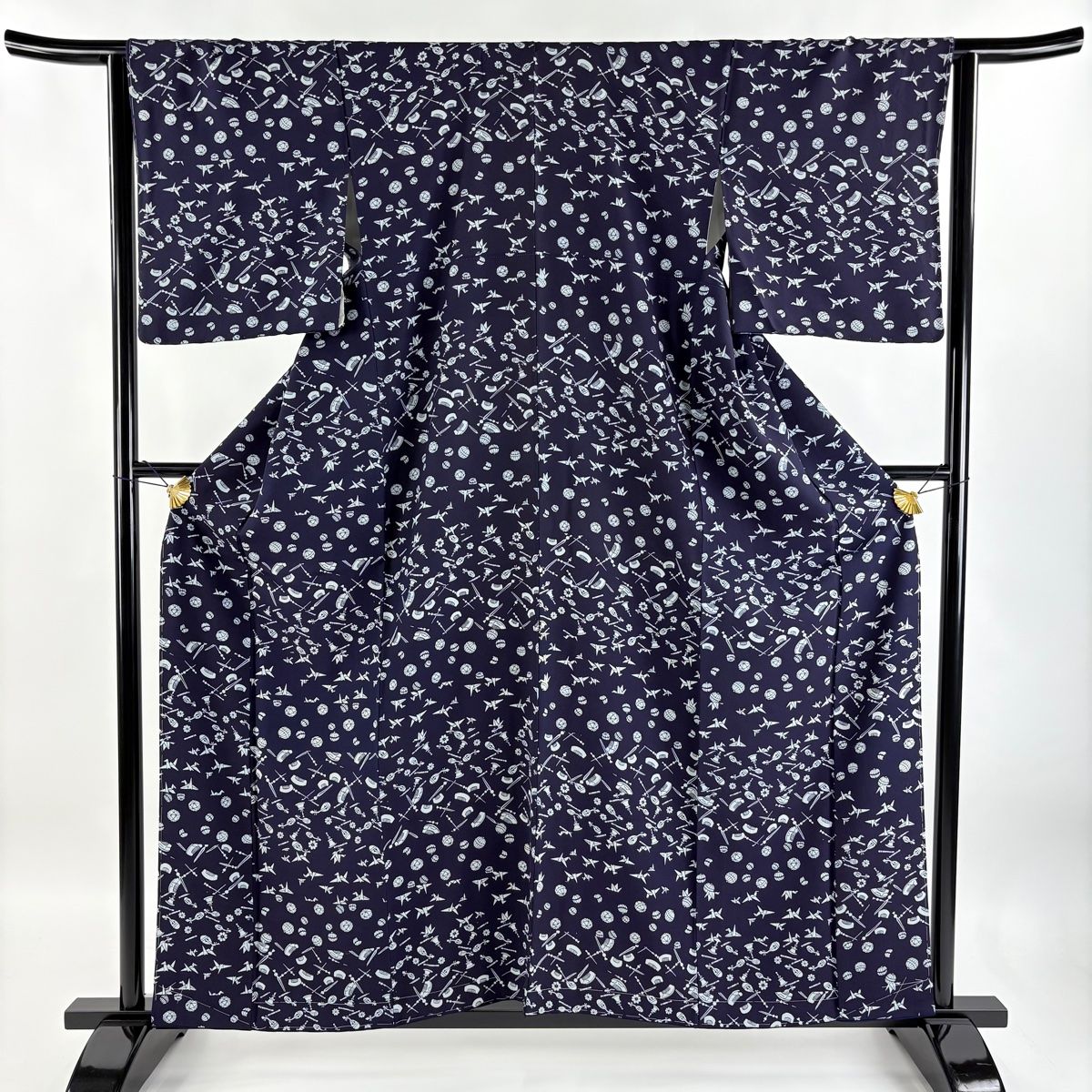 平和屋着物□極上 染色作家 斉藤三才 小紋 単衣 間道 黒地 逸品