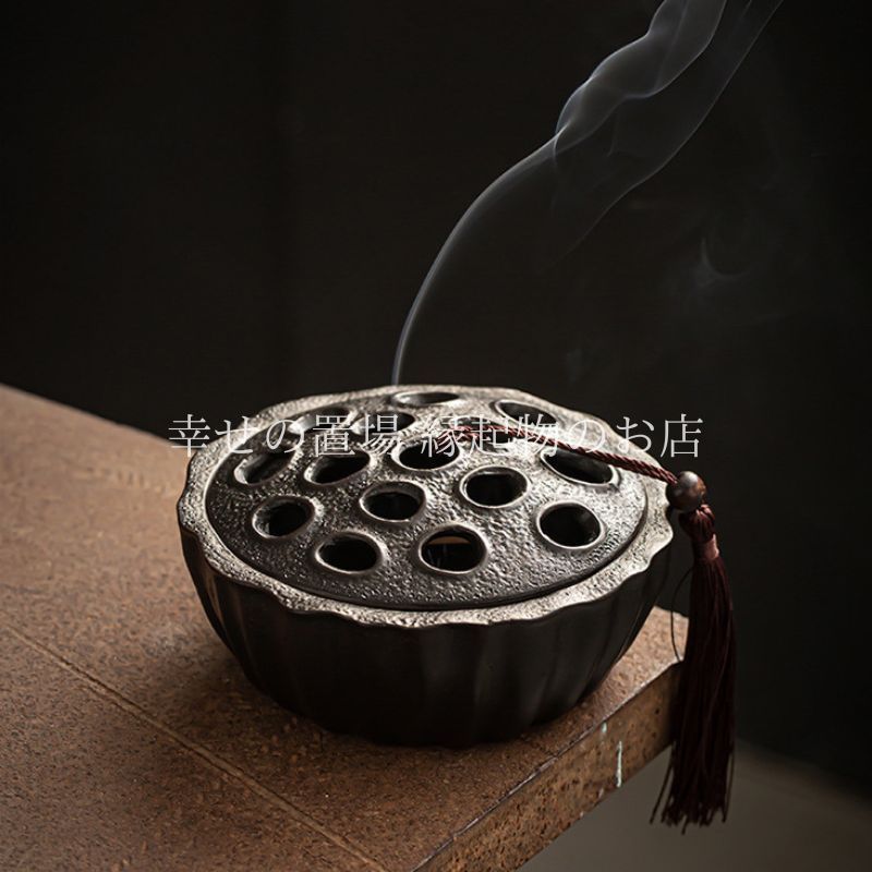 香炉 お香立て 蓋付き 開運 蓮 陶器 黒陶 縁起物 風水 瞑想 癒し 浄化