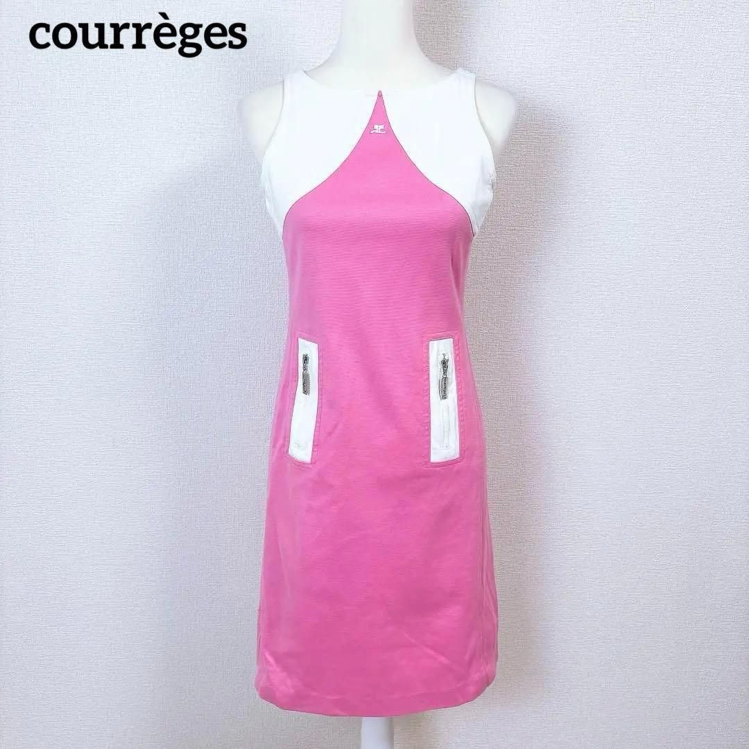 クレージュ ブランドロゴ 切替 ノースリーブワンピース ピンク ホワイト