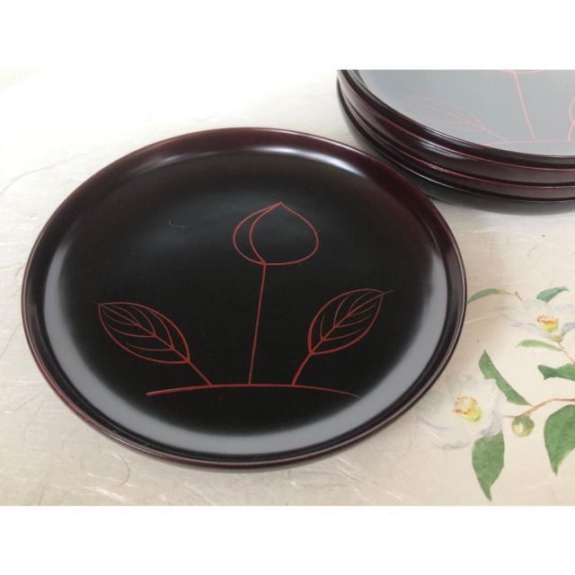 銘々皿 漆塗 朱牡丹彫一文字銘々皿 5寸皿 5枚 15cm