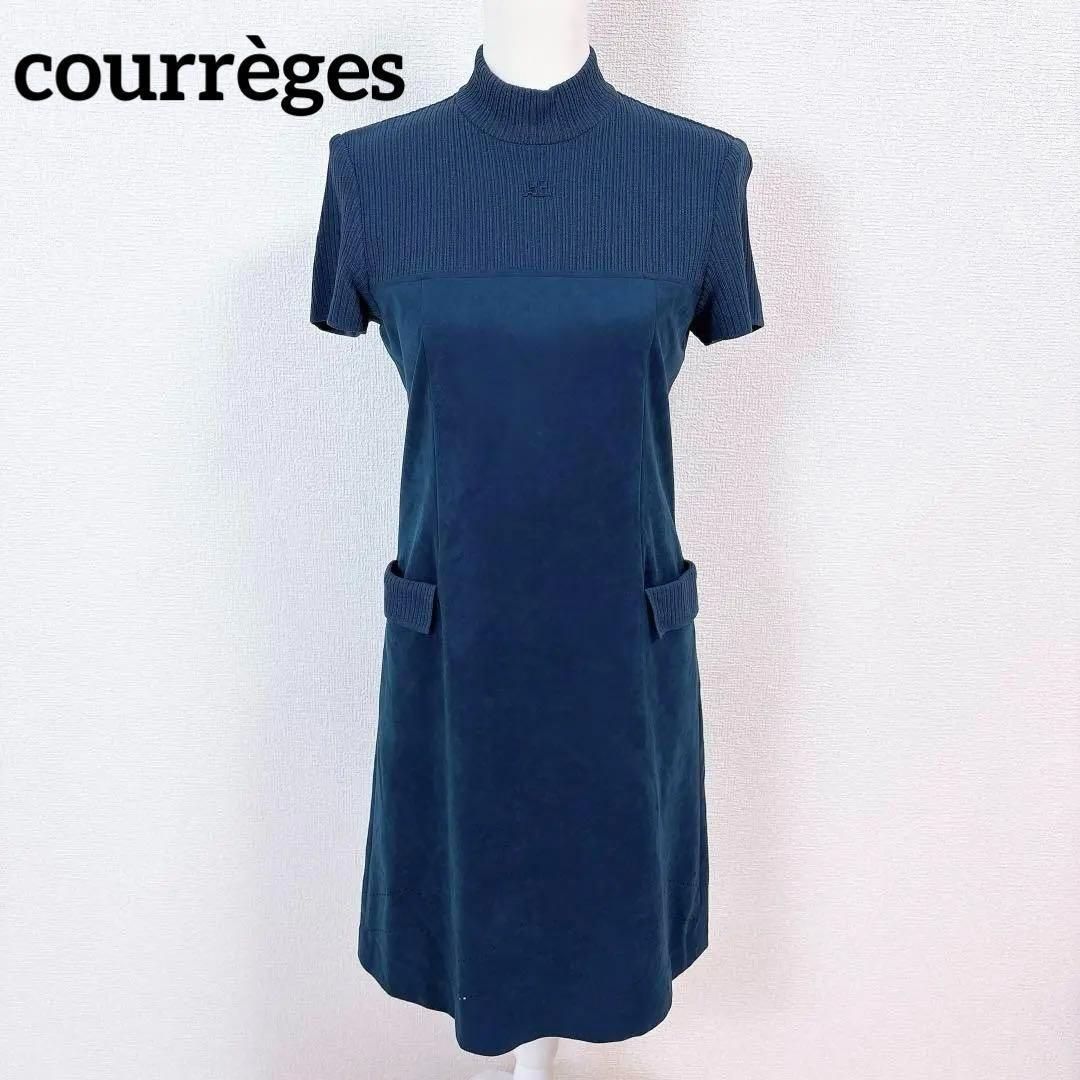 90年代 クレージュ ベロア切替ニットワンピース ブランドロゴ刺繍