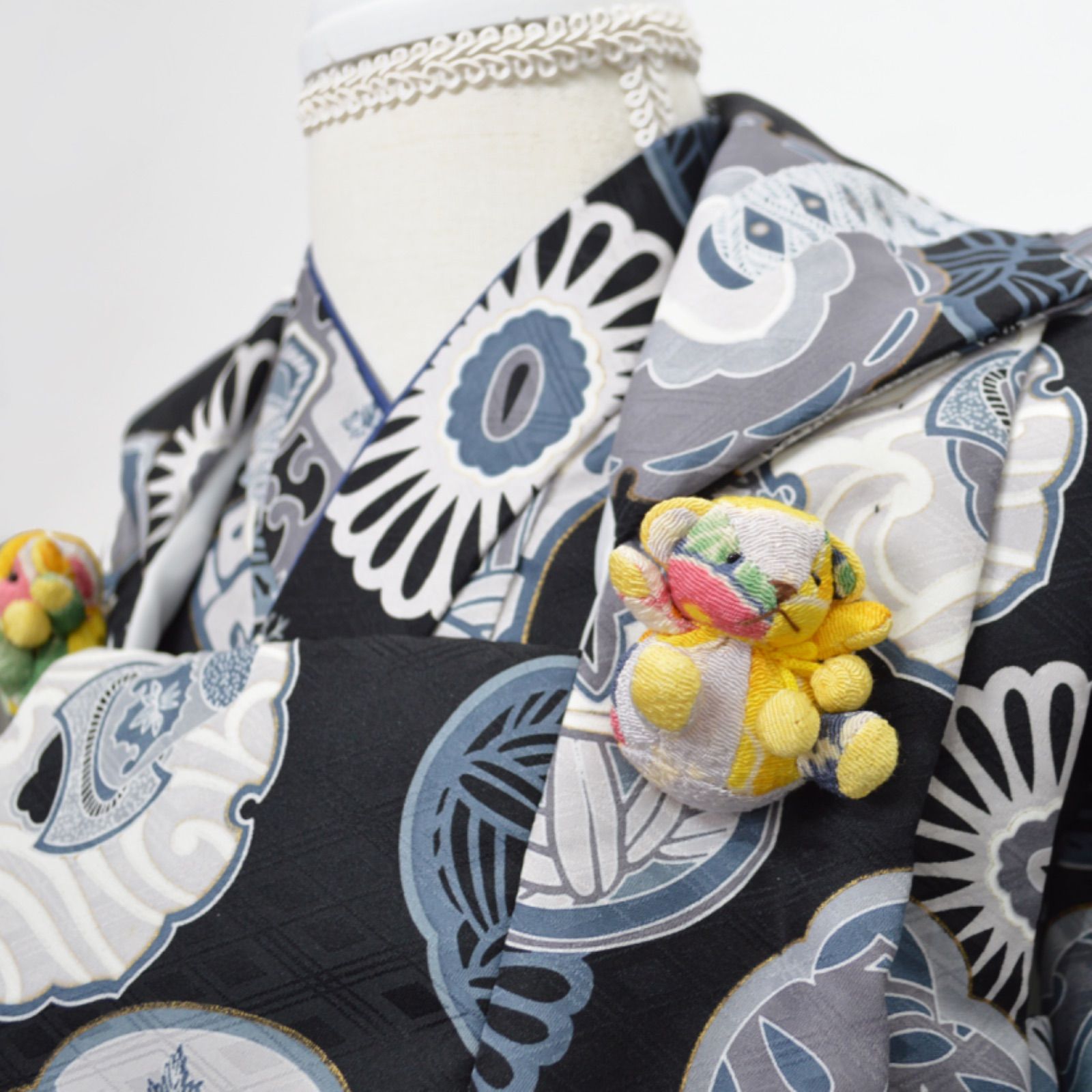  男の子 お祝い着 着物 子ども 被布 総柄 1歳 2歳 和装 呉服 和服 個性的 クマ キッズ ブラック グレー セレモニースーツ 着物 セレモニードレス