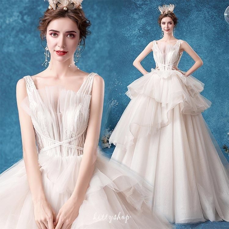 ウェディングドレス ノースリーブ Vネック トレーンドレス 花嫁ドレス 結婚式ドレス 背開き ロングドレス チュール フ フリル 海外挙式 J9Vo452