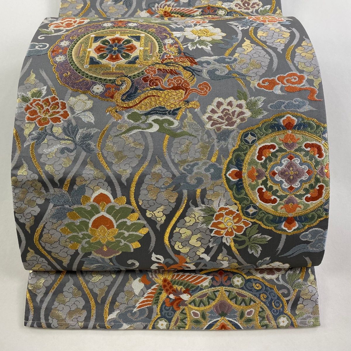 袋帯 欧風花鳥精華文 未使用品 華紋 鳳凰 鶴 鳥 金糸 正絹 六通 Q906 袋帯 美品 秀品 花鳥 立涌 金糸 箔 灰色 六通 正絹 【中古