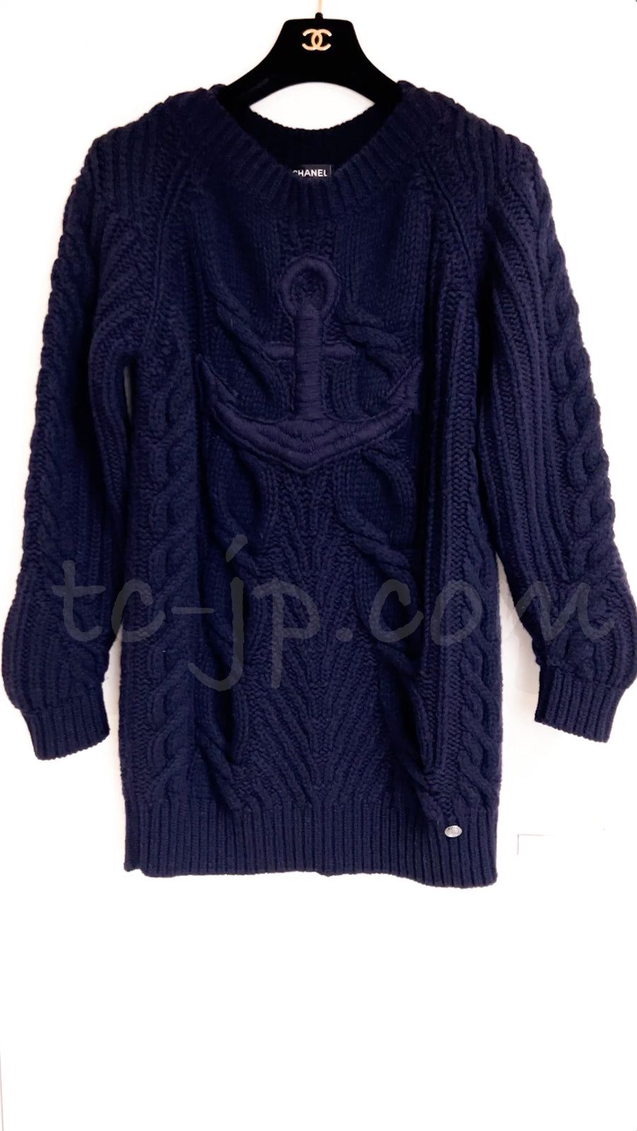 シャネル ワンピース セーター CHANEL ネイビー ウール カシミア ケーブル ニット カール・ラガーフェルド 超美品 38 40 42 超美品 シャネル CHANEL ネイビー・ウール・カシミア・ケーブル