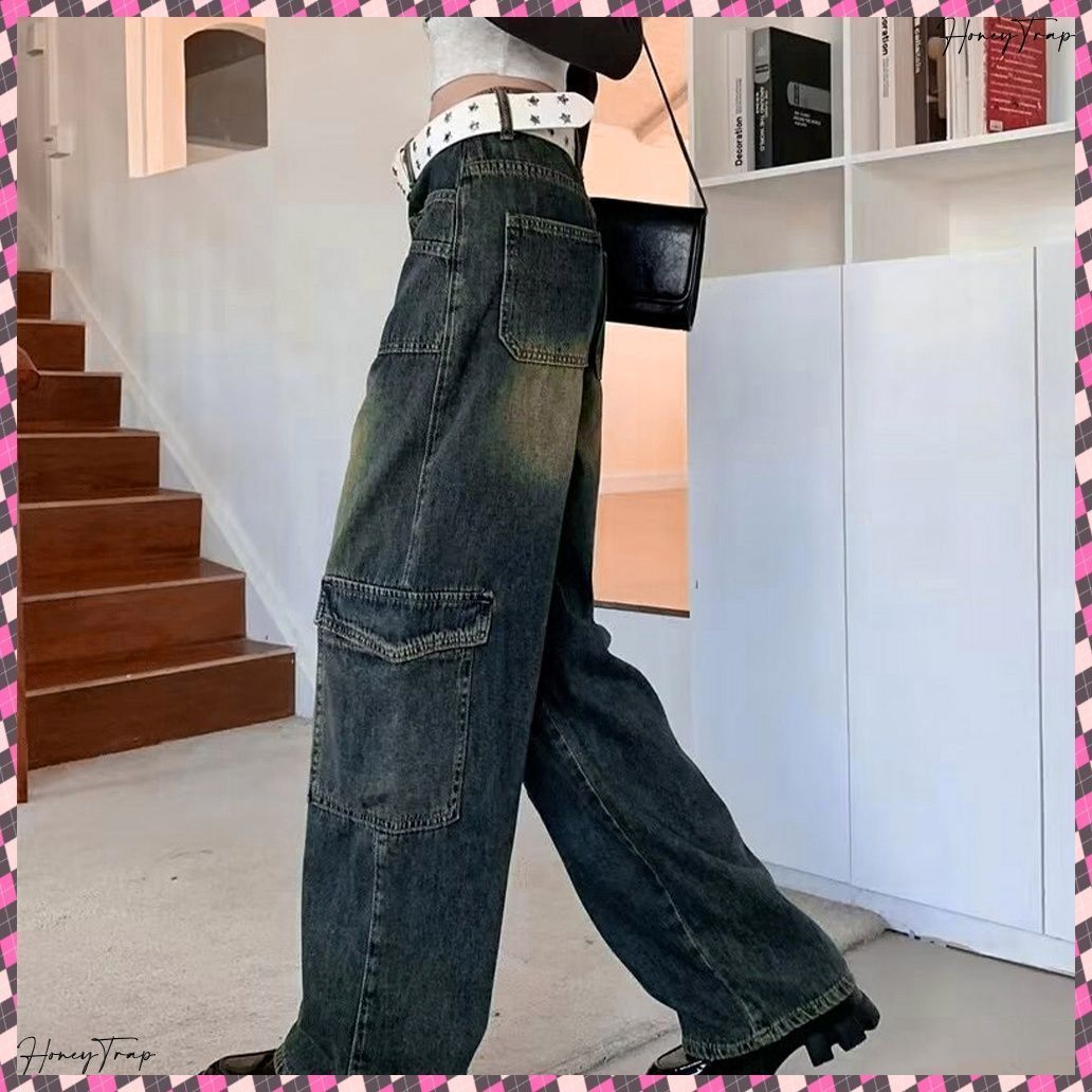 ウォッシュデニムカーゴパンツ レディース ブリーチデニムパンツ メンズライクジーンズ ストリート系 体型カバーボトムス 美脚脚長 着やせ セミワイドデニム 韓国風ヴィンテージ古着風