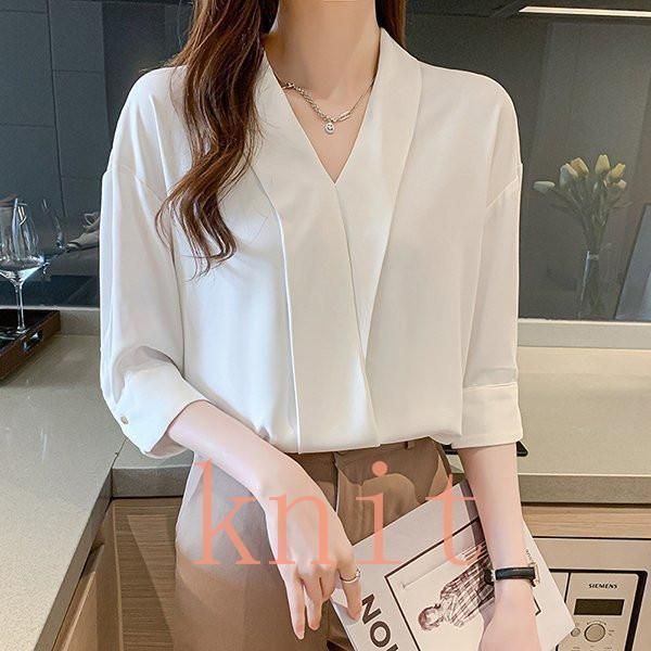 ブラウス レディース 6色 白 オフィス 夏服 おしゃれ 半袖 40代 トップス シフォンシャツ Vネック チュニック きれいめ 可愛い 着痩せ 大人 ブラウス レディース 白 オフィス 夏 おしゃれ 半袖 40代 仕事