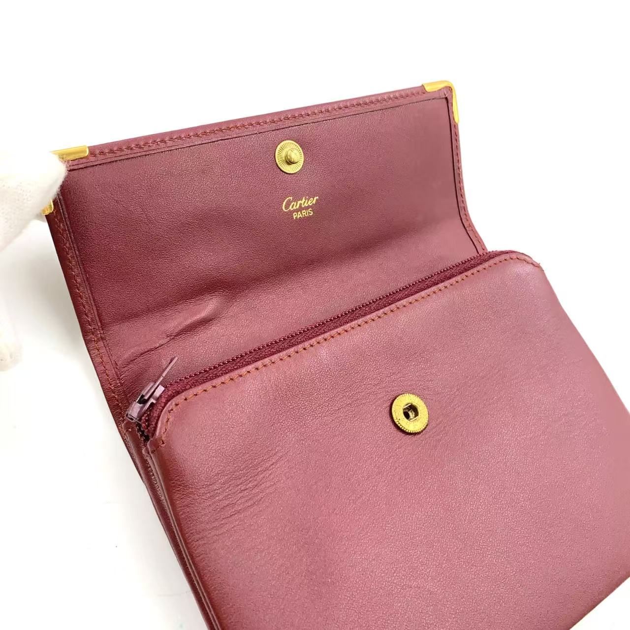 【美品】Cartier ボルドーレザーポーチ　箱カード付き Cartier must de cartier ポーチ マストライン レザー ボルドー