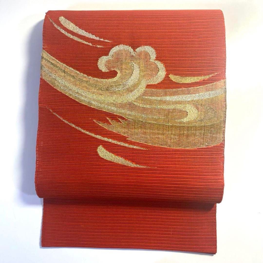 名古屋帯】夏帯 絽綴れ 正絹 オレンジ色系 唐鮭色 白い花柄