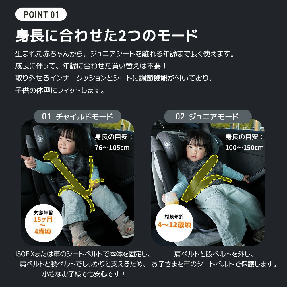 トップテザー】新安全基準R129適合 チャイルドシート ISOFIX 生後15ヶ月～12歳頃 76～150cm ジュニアシート 長く使える 洗える  取付簡単 キッズシート ベビーシート ドリンクホルダー付き 出産祝い【ブラック+グレー】