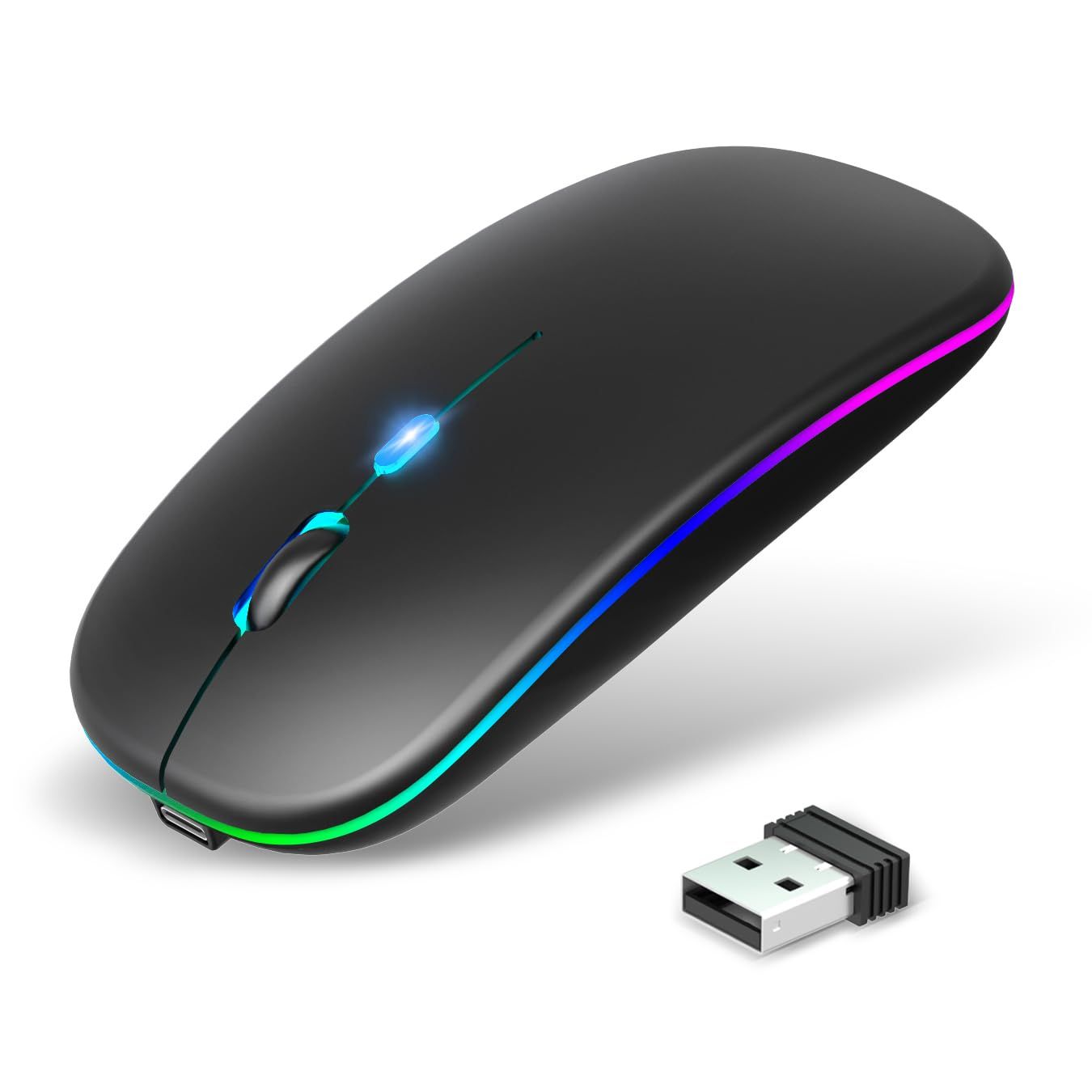【在庫セール】Black MacWindowsSurfacePC対応 高耐久性 光学式 5mAhバッテリー 7色ライト 2台デバイス同時接続 3段階DPI切替 2.4GHz ゲーミングマウス mouse 高感度 省エネ 瞬時接続 小型 薄型 静音 マウ