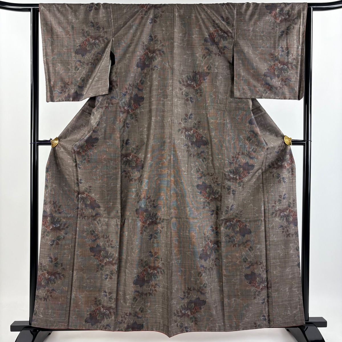 紬 身丈161.5cm 裄丈64cm M 袷 草花 焦茶色 正絹 美品 秀品 【中古】