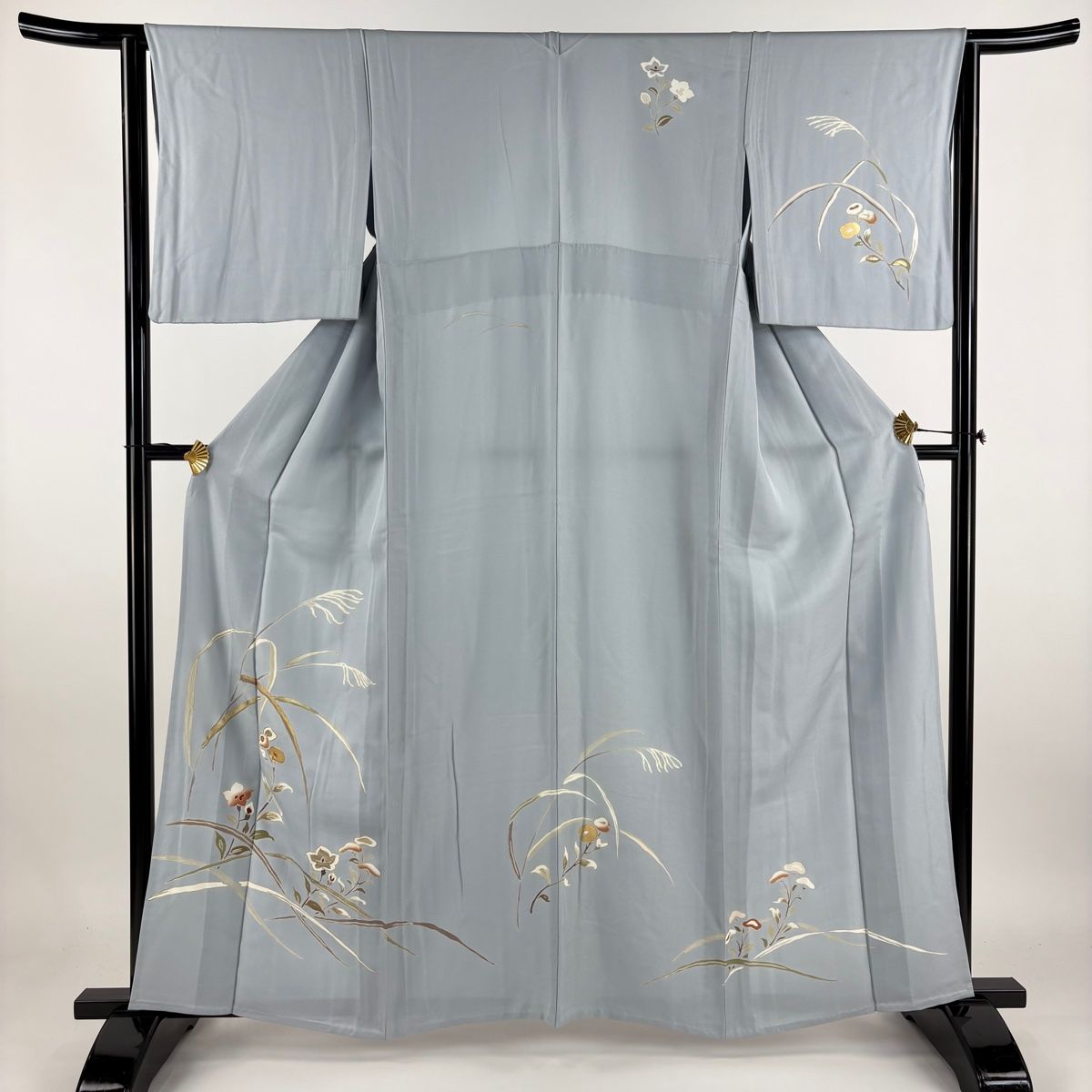 付下げ 身丈161.5cm 裄丈64cm M 単衣 秋草 金糸 金彩 青灰色