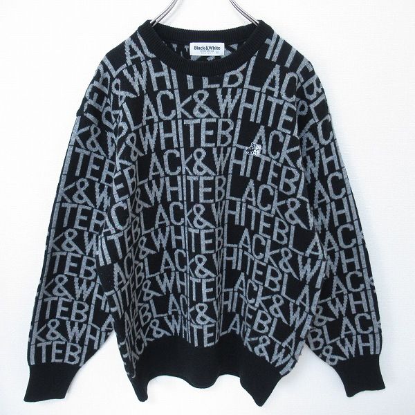 ∞ ブラック&ホワイト BLACK&WHITE セーター ニット ハーフジップ 総柄 ウール 長袖 L 黒 ブラック メンズ ゴルフ 秋冬 未使用 □GS お洒落◇Black\u0026White ブラック\u0026ホワイト アーガイル チェック ニット