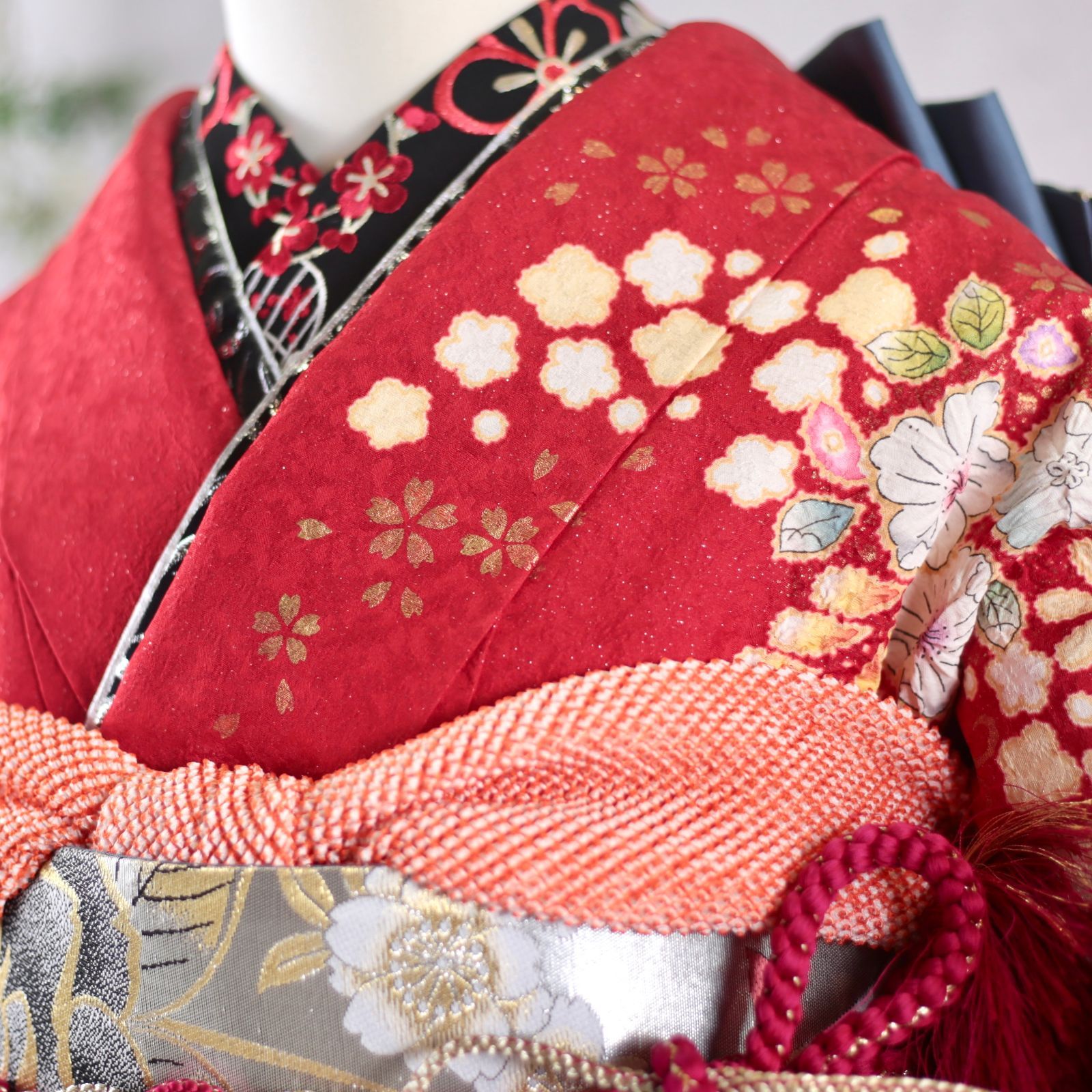 お振袖フルセット　美品 振袖フルセット 振袖セット 振袖 M～Lサイズ 赤×辻が花 美品