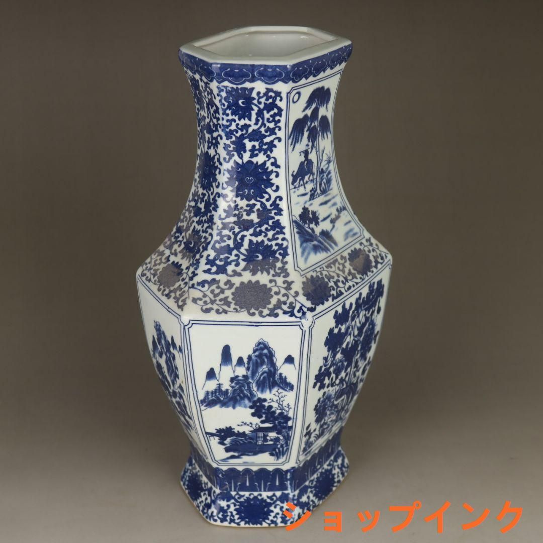 清乾隆青花人物花鳥六方賞瓶 景徳鎮 陶磁器 装飾品 現代工芸品