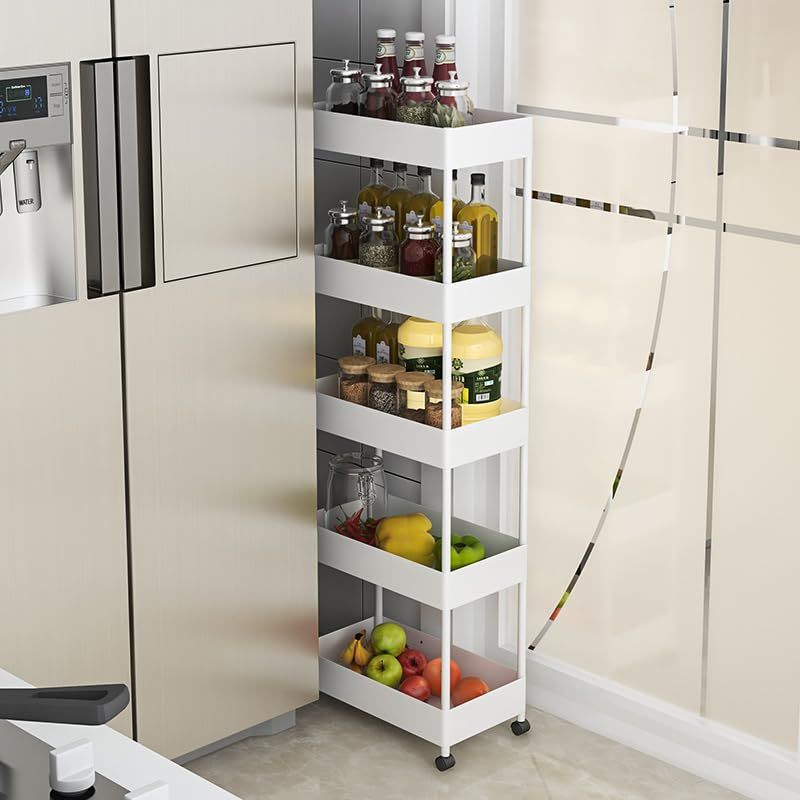 SVOHZAV キッチンワゴン 隙間収納 キャスター付き 13cm 18cm 22cm ペットボトルラック 冷蔵庫横 洗面所 収納 隙間ラック 3段 4段 スリムワゴン 細い棚 調味料棚 (18cm-[五段式]， ホワイト) 0