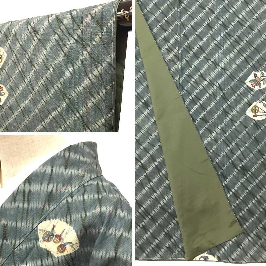 単衣着物　竜巻絞り　紬　上質美品　スモーキーカラー　正絹 中古】 単衣着物 紬単衣 紬 単衣 レディース 正絹 こげ茶 琉球絣