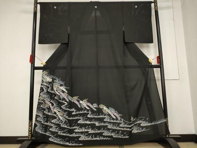 平和屋着物＊夏物 黒留袖 絽 流水枝花文 正絹 AABB8652st