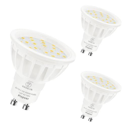 自然色4000K_3個セット Pispoer LED電球 GU10口金、5.5W LED スポットライト(ハロゲン電球50-60W相当)、自然色4000K、高演色RA85 600LM、非調光 ビーム角120度、ダクトレール用LEDスポットライト 、3個セッ
