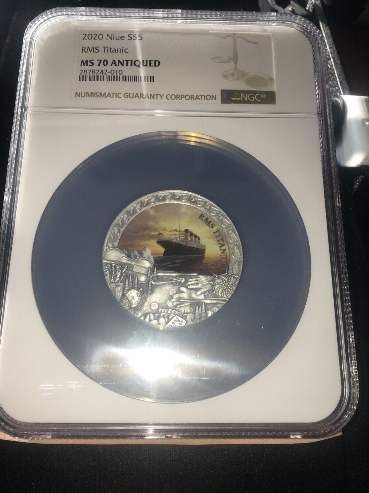 2020 Niue S $5 RMS Titanic .999 Ag Coin NGC Graded*MS-70 Antiqued