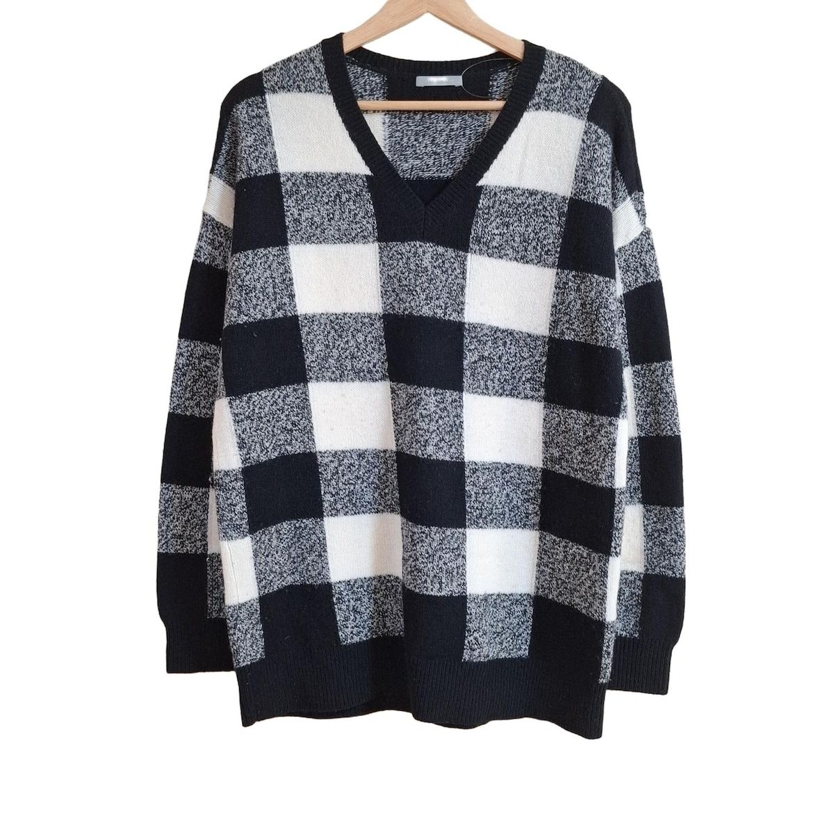 theory luxe セオリーリュクス チュニック サイズ38 M レディース - 黒×アイボリー Vネック|長袖|ニット|チェック柄