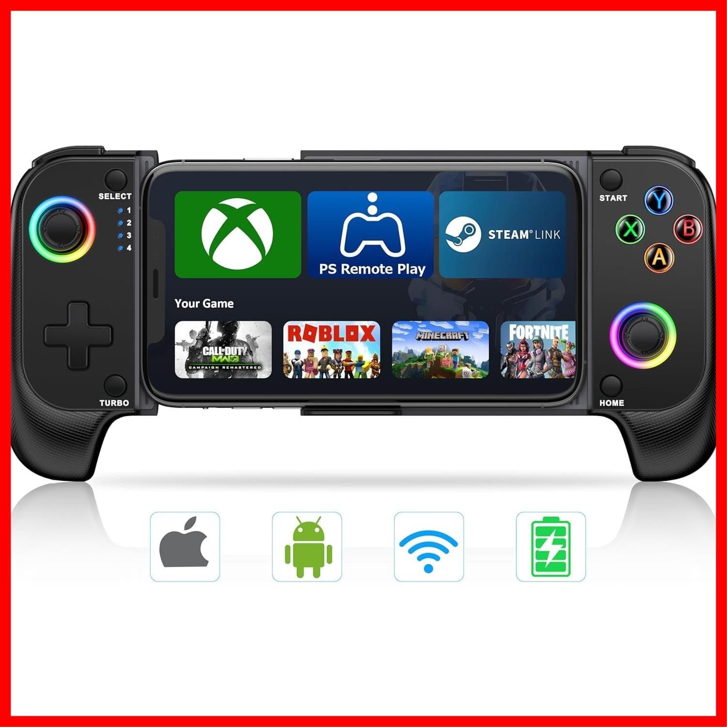 PS 伸縮型 Remote Play/Xbox ゲームコントローラー Cloud/Steam Link/GeForce iOS/Android両用 Nowゲームなど対応 低遅延 Bluetooth 600mAhバッテリー RGBライト スマホコントローラー 黒