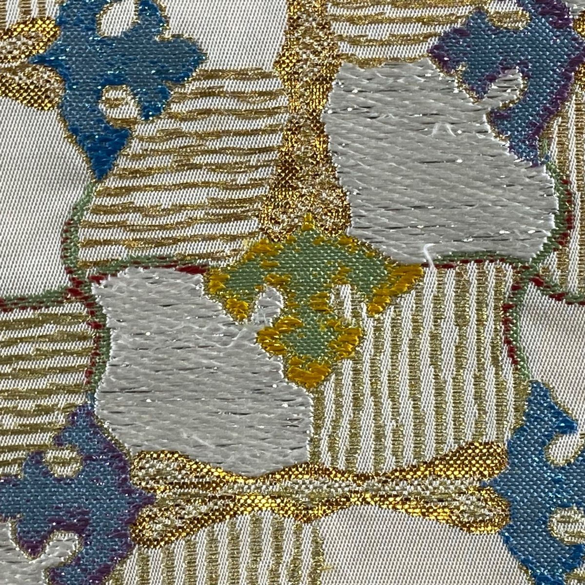 袋帯 逸品 龍村平蔵 落款 宮嶋格子錦 幾何学 金糸 箔 クリーム