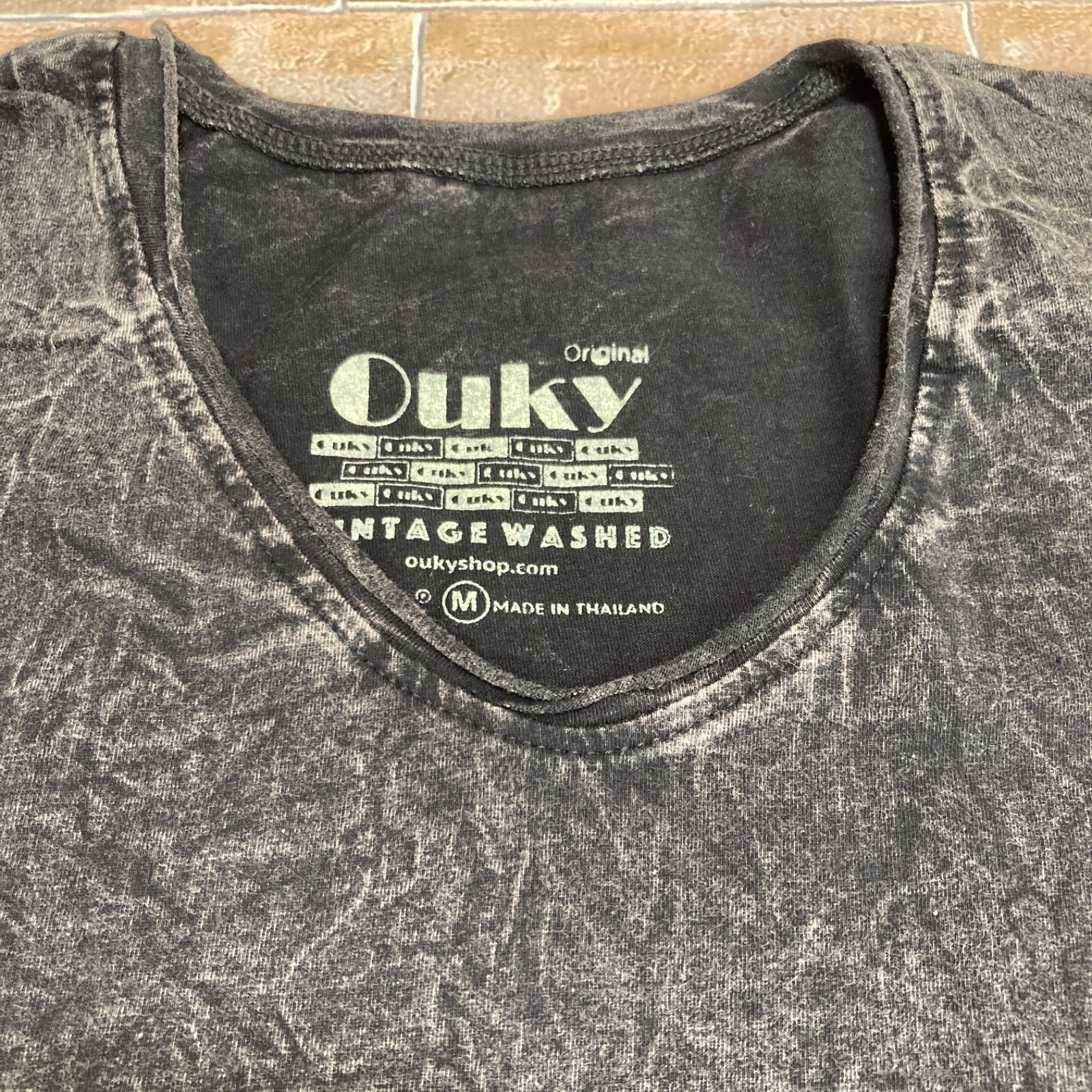 Ouky ヴィンテージ ウォッシュ Tシャツ ラウンド ネック