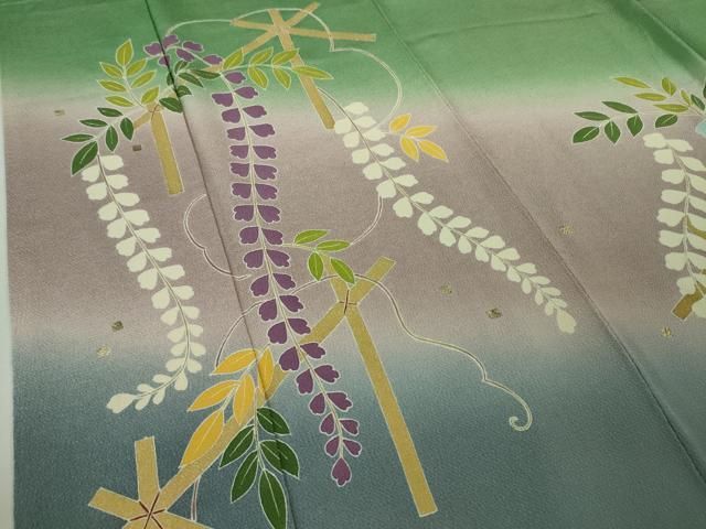 平和屋本店□極上 人形作家・ホリヒロシ 訪問着 藤花房 薄緑色地 暈