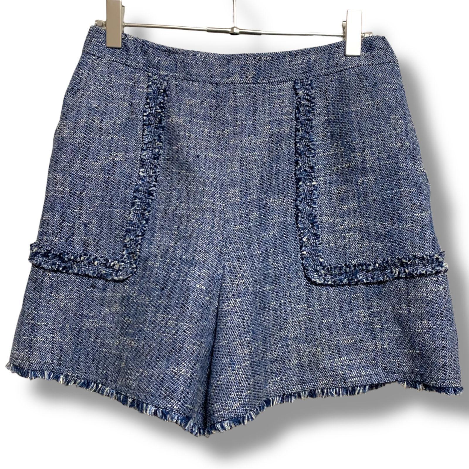 René ルネ インディゴブルー ツイード ショートパンツ スパンコール フリンジ 混紡素材 Mサイズ相当 上質素材 レディース エレガント おしゃれ きれいめ 感 68250030 O-248-247 001143H