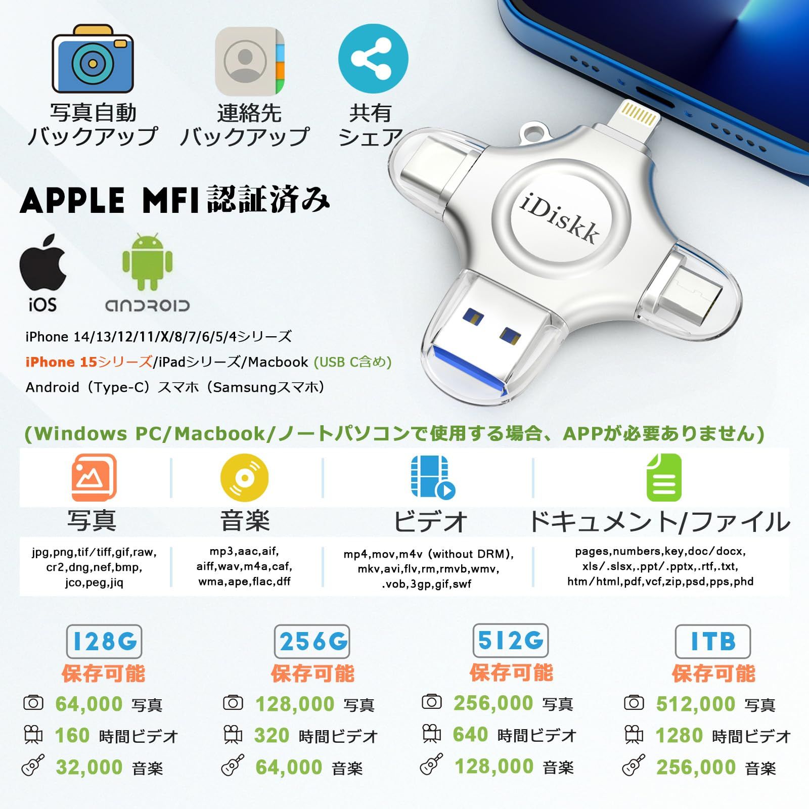 APPLE mfi認証済み iPhone16 15対応 256GB iPhone usbメモ Lightning USB Type-C Microコネクタ搭載 外付けフラッシュドライブ 外部ストレージ 携帯のメモリ―拡張 アイフォンデータ保存 プラグ- SKLAD-KIRPICHA_RU