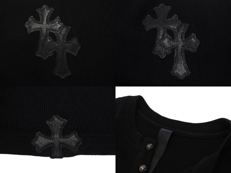 極美品 CHROME HEARTS クロムハーツ 長袖Ｔシャツ ロンT サーマル セメタリークロス レザーパッチ ブラック コットン サイズXL 中古 4b003519 極美品 CHROME HEARTS クロムハーツ 長袖Tシャツ ロンT サーマル