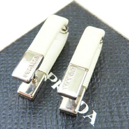 【中古】 プラダ PRADA カフスボタン ホワイト シルバー レザー メタル ケース付き 08ET596