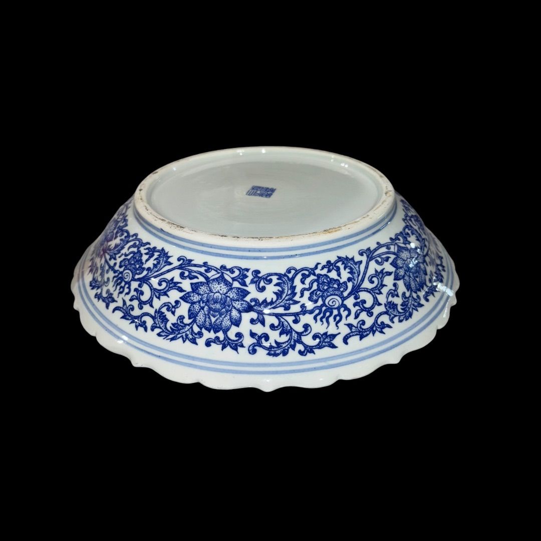 中国美術 中国染付人物文様 絵付大皿 中国ヴィンテージ 刻印あり