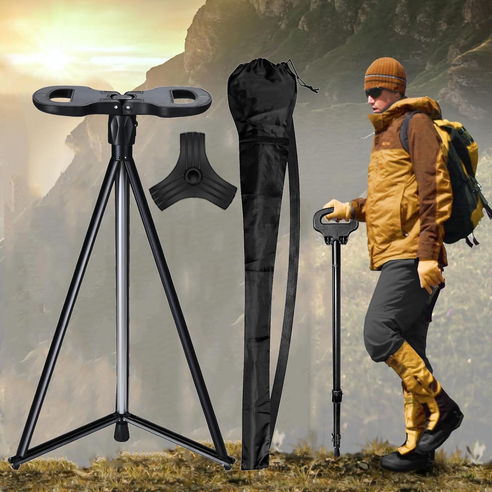 商品 MJVV 折りたたみ杖 ステッキチェア 2 in 1 登山杖 アルミ製 杖椅子 軽量 シート付き杖 アウトドア スティック 滑り止め シート付きステッキ 三脚杖 座れる 折りたたみステッキ 男女 高齢者 持ち運び 登山|歩行支援|散|旅行|遠足
