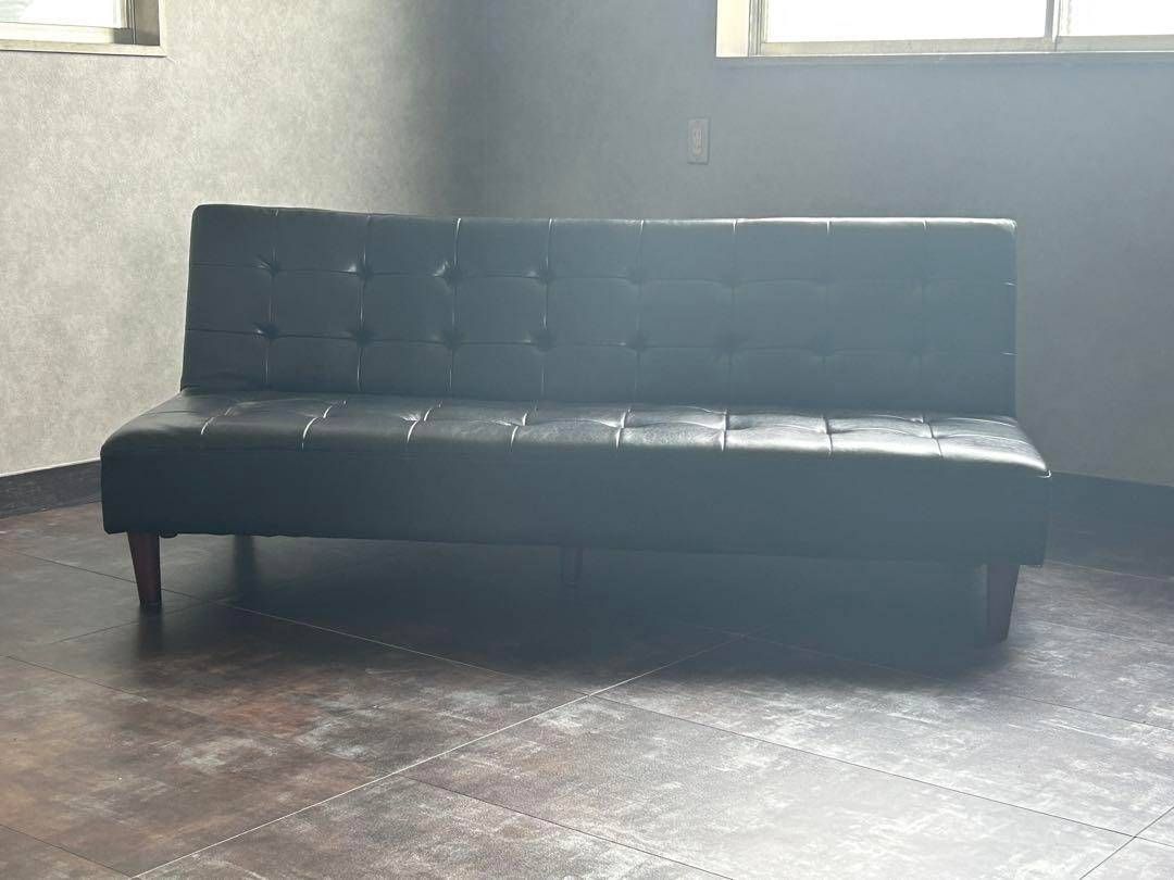 希少　3Pソファ　ソファベッド　ブラックレザー　ボタンダウン　ヴィンテージ　IH 希少 3Pソファ ソファベッド ブラックレザー ボタンダウン